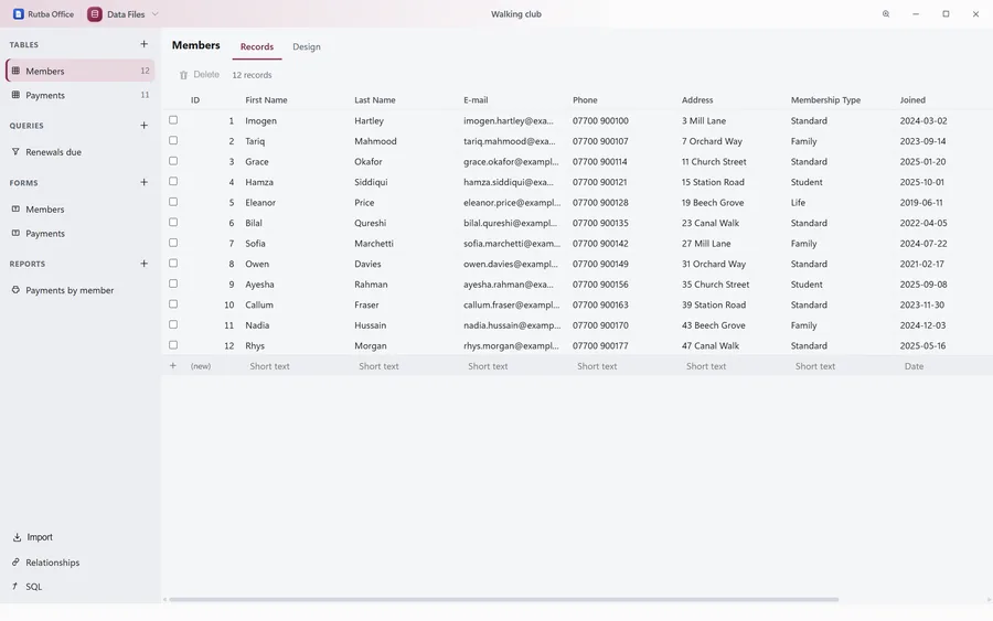 The Data Files app with a walking club’s database open: the Members table’s twelve records with names, e-mail addresses, phone numbers, addresses, membership types and joining dates, and down the side its tables, the query Renewals due, two forms and the report Payments by member