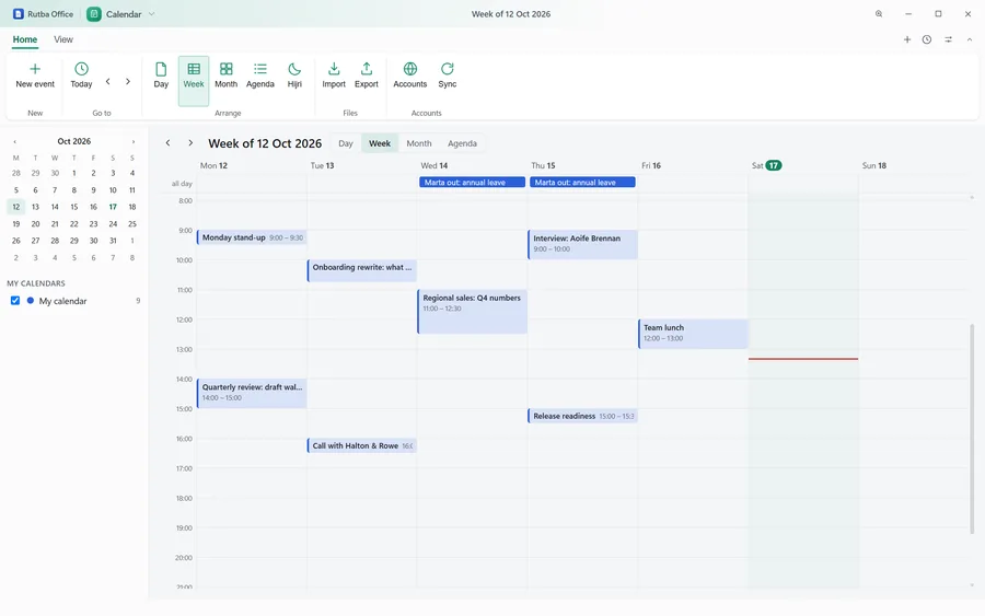 The Calendar app in week view: meetings by the hour from Monday to Friday, a stand-up on Monday morning, today marked, and an all-day annual leave entry across two days