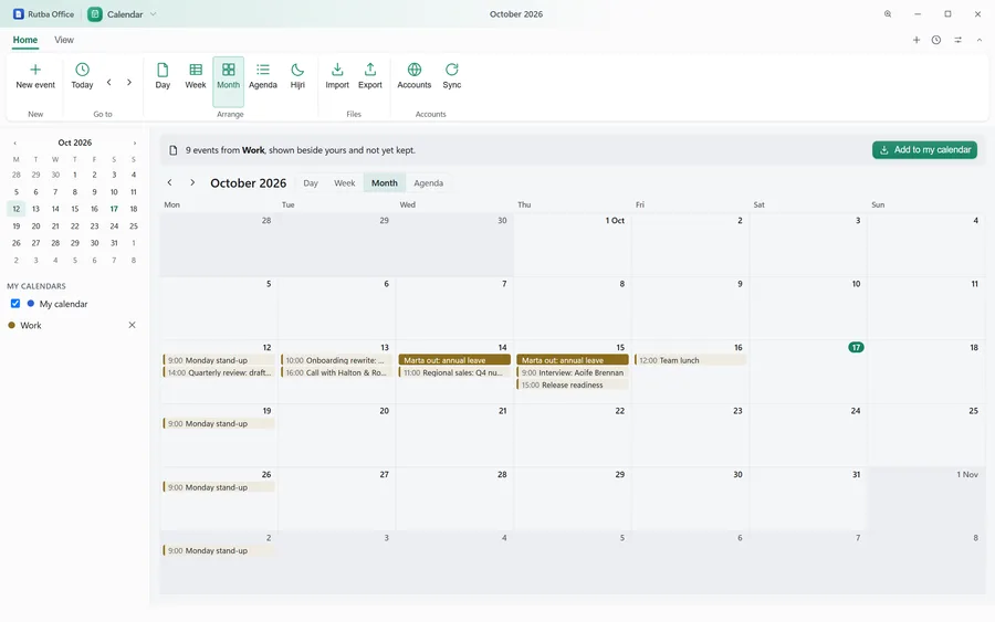 The Calendar app showing a month grid with meetings on weekday mornings and afternoons, a repeating stand-up on Mondays, an all-day entry over two days, a small month picker, and a banner offering to add the events of an opened file