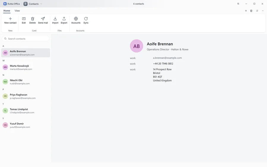 The Contacts app with an address book listed on the left and the card of Aoife Brennan open on the right, giving her job title, company, work email, telephone number and postal address