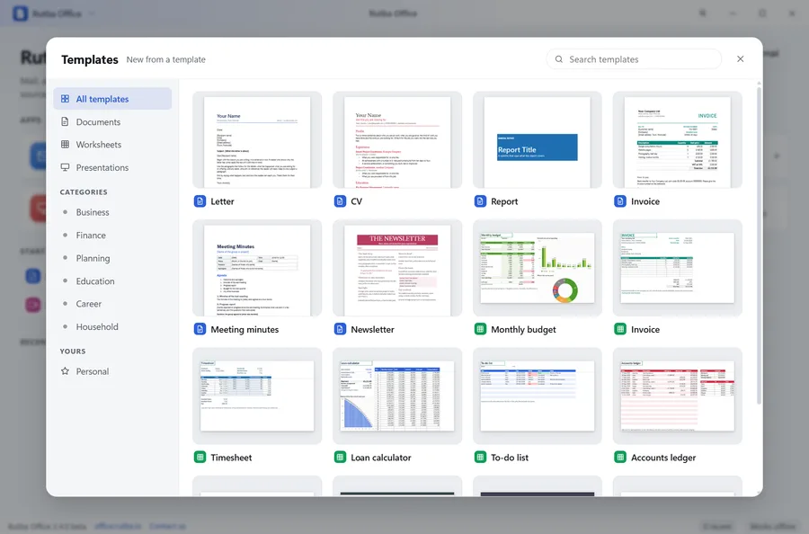 The Rutba Office launcher showing its gallery of templates as pictured cards, with a list of kinds down the left and a search box