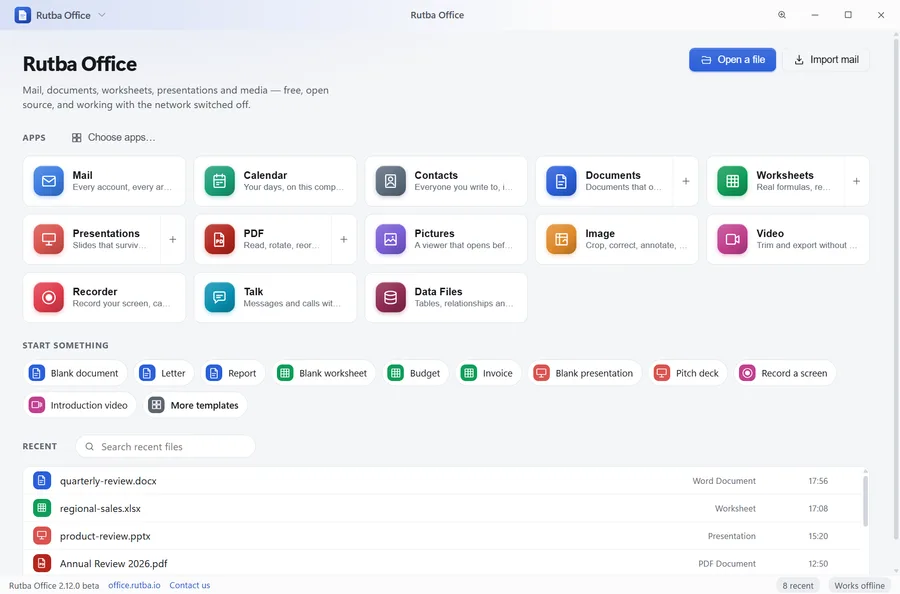 The Rutba Office launcher, with its thirteen applications as tiles above a row of templates and quick starts, and a list of recent files below, each with its kind and when it was opened