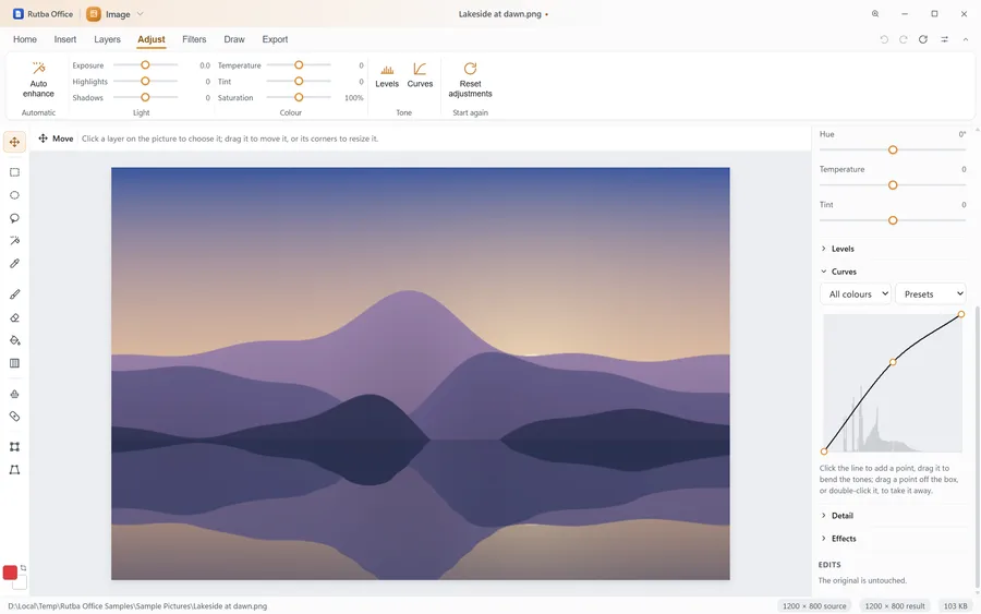 The Image app with the Curves section open in the side panel, its curve raised to lighten a lakeside picture at dawn