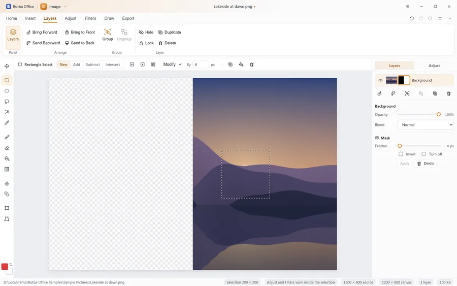 The Image app showing a picture whose left half is hidden by a layer mask, shown as a chequered background, a dashed square selection on the right half, and the mask beside the picture in the Layers panel