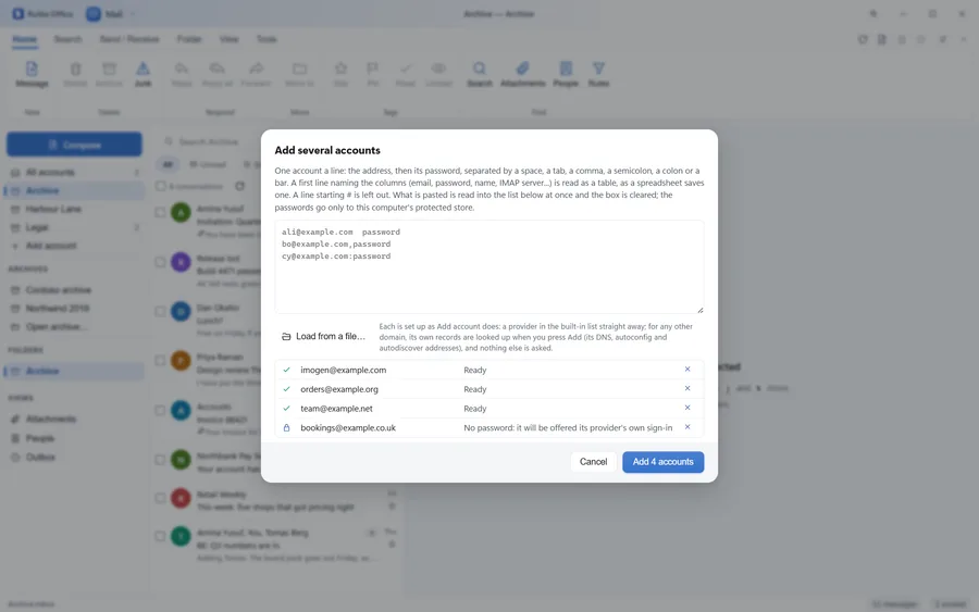 The Mail app with the Add several accounts box open, listing four email addresses pasted in, three marked ready and one with no password that will be offered its provider’s own sign-in, and a button to add all four