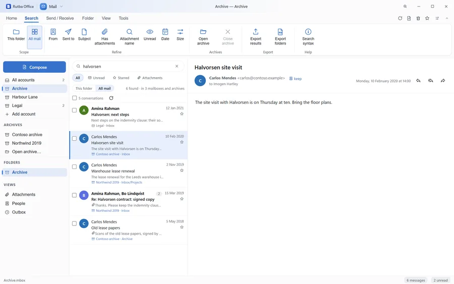 The Mail app on its Search tab with results for halvorsen from all mail: the count of messages found in three mailboxes and archives, each result naming the archive and folder it came from, and one result open in the reading pane