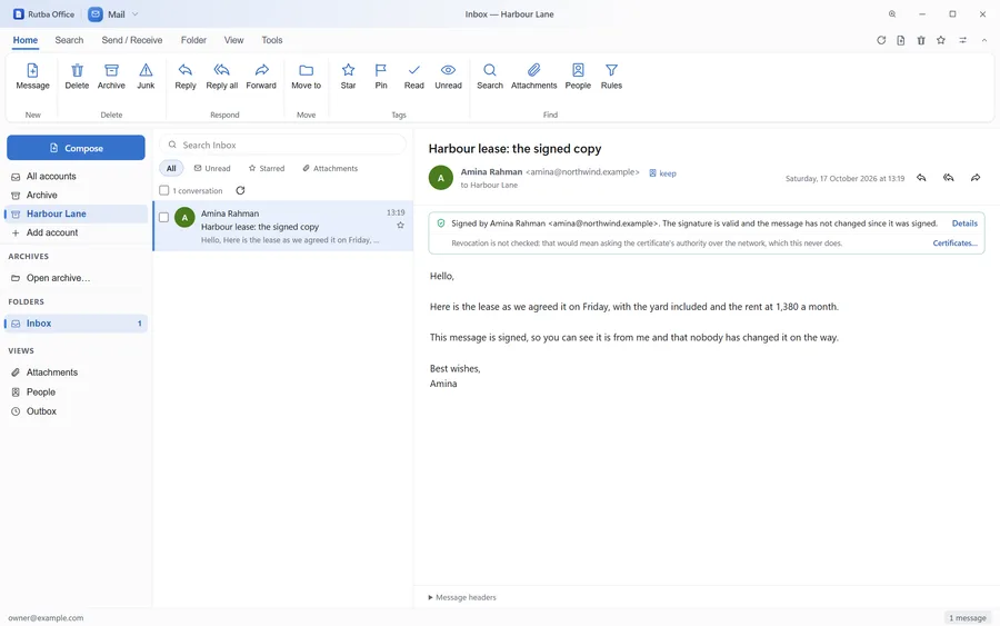 The Mail app with a message open whose green strip above the text says it is signed by Amina Rahman, that the signature is valid and the message has not changed since it was signed