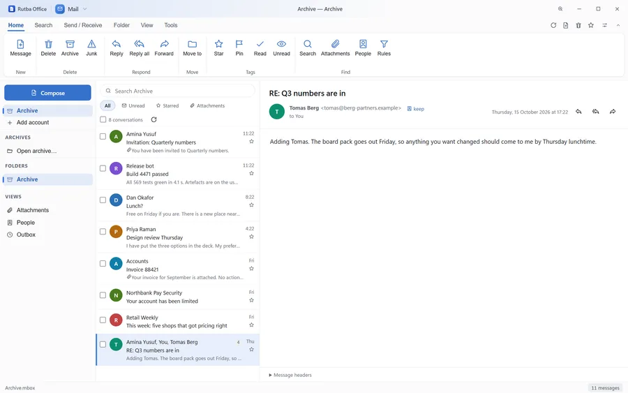 The Mail app showing a conversation list with sender avatars, unread and starred filters and the folder and archive list, with the conversation RE: Q3 numbers are in open in the reading pane, its sender, date and reply buttons above the message