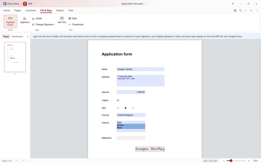 The PDF app on the Fill & Sign tab showing an application form filled in: a ticked box, a chosen size, a country and colours selected from lists, and a handwritten-style signature placed at the foot of the page
