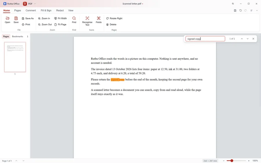The PDF app showing a scanned letter after Recognise Text, with the Find box open and the words found highlighted on the scan
