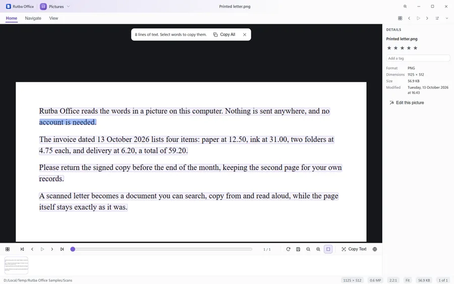 The Pictures app showing a photo of a printed letter with each line of text outlined after Copy Text, one line selected, and a bar saying how many lines were read