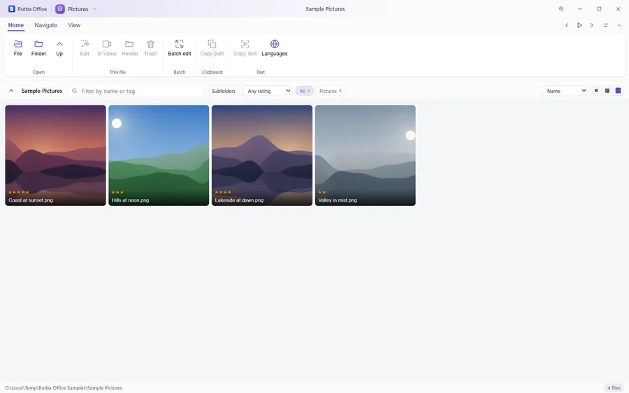 The Pictures app showing a folder of four landscape pictures as a grid of thumbnails, each with its star rating underneath