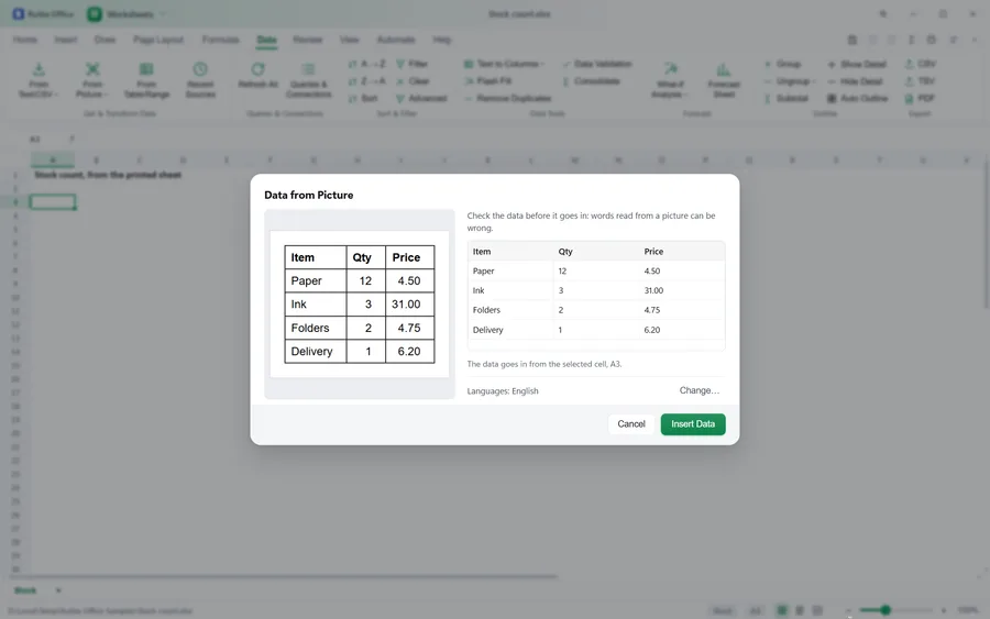 The Worksheets app with the Data from Picture box open: a picture of a printed stock table on the left and the same table read into a grid of cells on the right, ready to insert at the selected cell