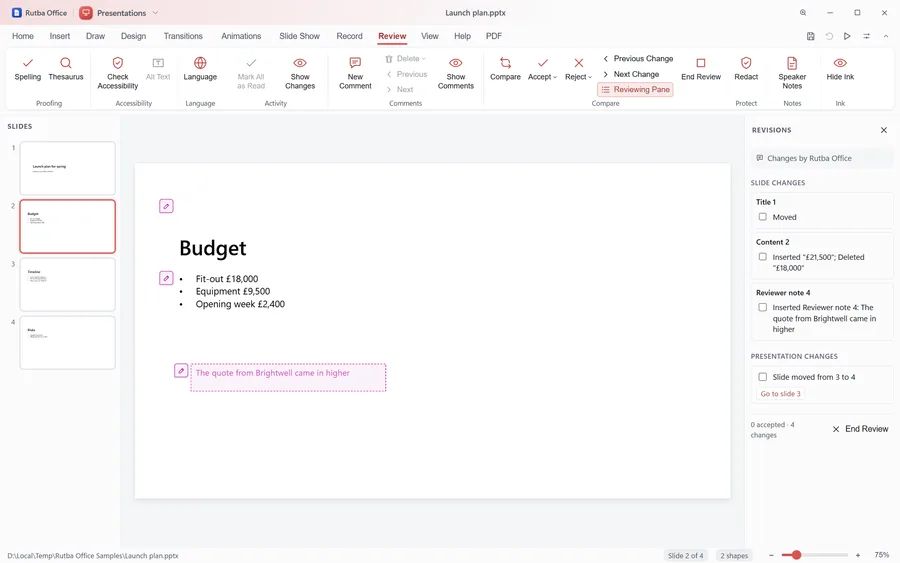The Presentations app after Review, Compare: a slide with markers where the reviewer changed a figure, moved the title and added a note, and the Revisions pane listing each change with a tick box