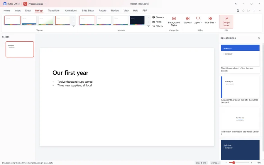The Presentations app with the Design Ideas pane open beside a slide titled Our first year, offering the slide in several layouts: a coloured title band, an accent bar down the left, and a centred title