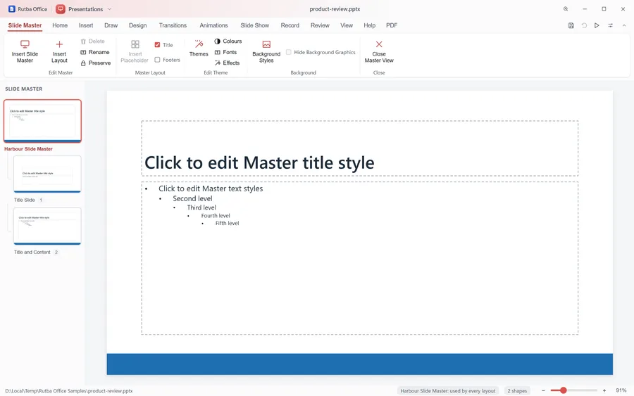 The Presentations app in Slide Master view: the Slide Master tab on the ribbon, the master and two layouts down the left, and the master slide with its title and five levels of text