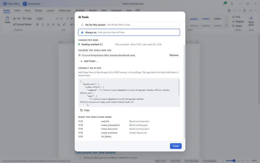 The AI Tools window over a document an AI app has just made: the tools set to Always on, one AI app connected from this computer with its last call, the one folder they may use, the lines that connect an AI app, and a log of the workbook, document and presentation it made and the file it read