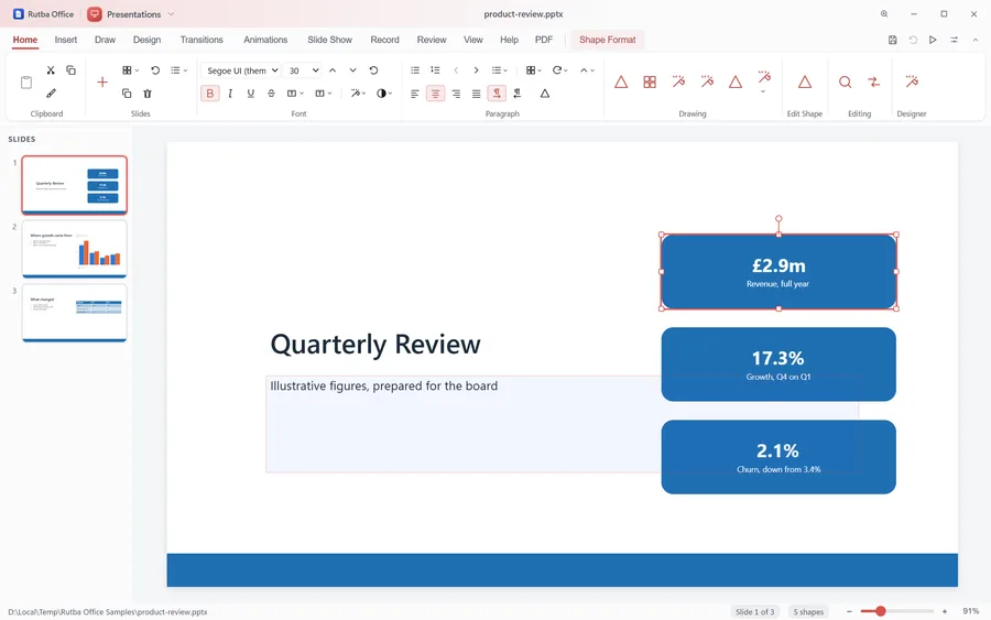 The Presentations app with the ribbon showing icons only, without the words under each button, above a title slide with one of its figure cards selected