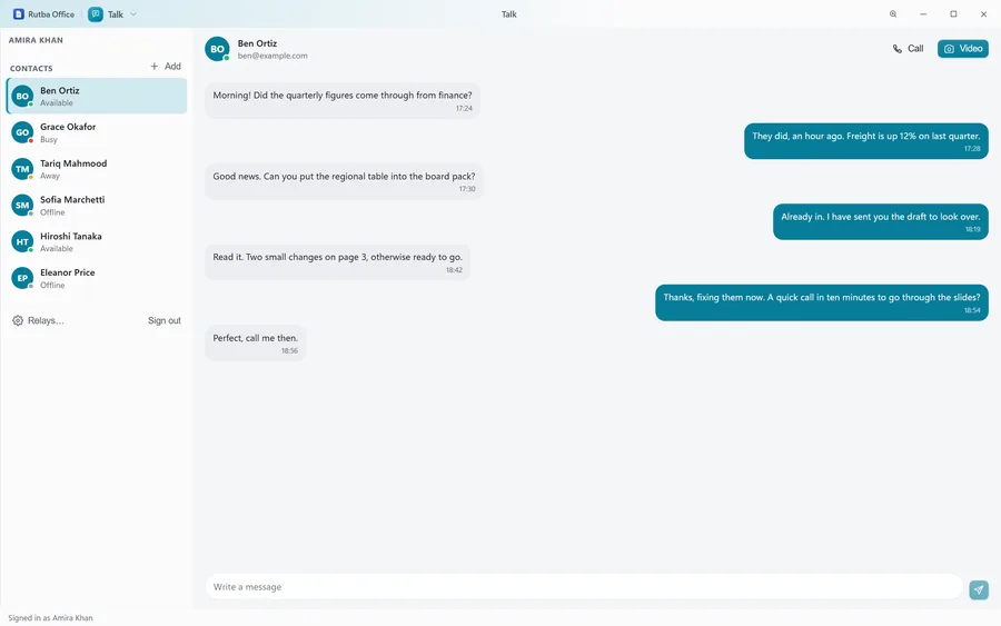 The Talk app signed in, with six contacts down the left, each showing whether they are available, busy, away or offline, and a conversation with Ben Ortiz open: his messages on the left, the replies on the right, the Call and Video buttons above and a box to write in below
