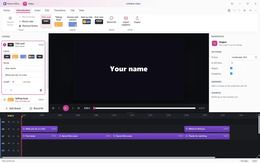 The Video app’s introduction video maker with its scenes listed, the title card open with its layout and words, a preview of the title, and the scenes laid out on the timeline
