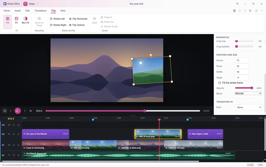 The Video app with a picture in picture picked: on the preview a green hillside inset over a lakeside at dusk, turned slightly, with a grip at each corner and one above to turn it, and the panel giving its place, width and an angle of minus 4 degrees, with its opacity and blend