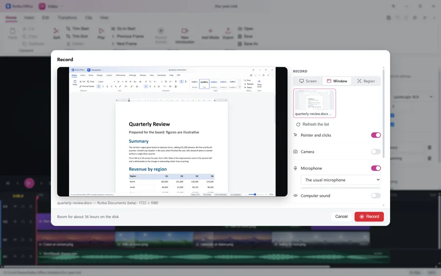 The Video app’s screen recorder showing a live preview of a document window chosen to record, the choice of screen, window or region, and the pointer, camera and microphone settings