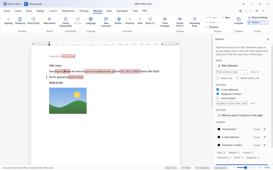 The Documents app with the Redact pane open beside an offer letter: a name, an email address and a telephone number outlined in red wherever they appear on the page, with the email and telephone patterns ticked in the pane