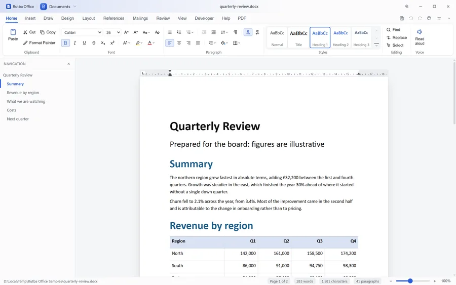 The Documents app showing a report with the Navigation pane of its headings down the left, the caret in a heading, and the Heading 1 style marked in the styles gallery on the Home tab