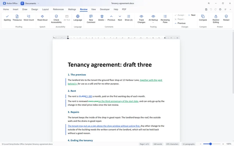 The Documents app on the Review tab with a tenancy agreement in All Markup: inserted words underlined in colour, a rent figure and other deleted words struck through, change bars in the margin, and Show (2) for the document’s two comments