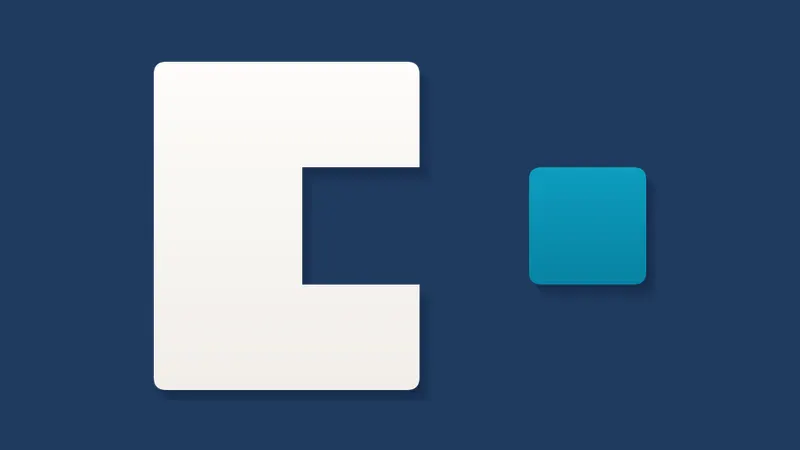 An upright rectangle with a square notch cut from its edge, and a teal square of exactly that size beside it