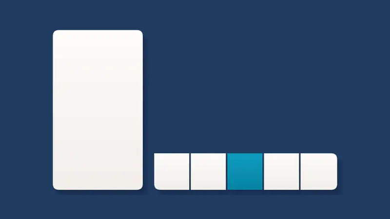 A tall upright rectangle with a row of five squares joined in a chain running off its lower edge, the middle one teal